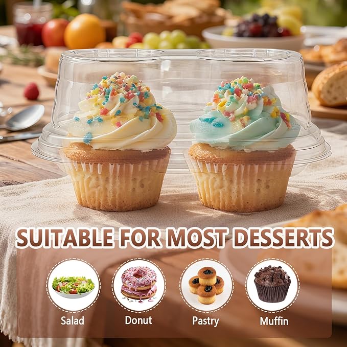 100 Pack Plastic Cupcake Containers with Lids, Disposable 2 Count Clear Cupcake Boxes Holders Carrier, Cake Storage Packaging to Go Muffin Containers for Dessert Donut Salad Bakery Wedding Party