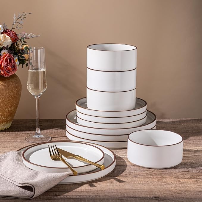 LERATIO Ceramic Dinnerware Sets for 4, High Edge Stoneware Plates and Bowls Set, Chip and Crack Resistant | Oven & Dishwasher & Microwave Safe Dishes Set, Service for 4 -Vanilla White