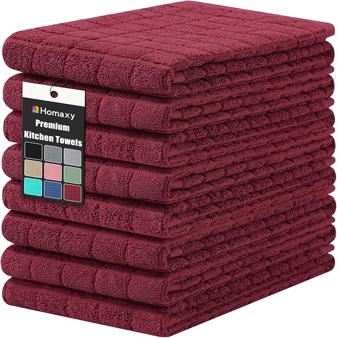 Homaxy Premium Cotton Kitchen Towels 16"x 28", Large Natural Ring Spun 390 GSM Dish Towels, Super Absorbent Terry Kitchen Hand Towels, Soft Tea Towels with Hanging Loop, Pure Red Design, 8 Pack