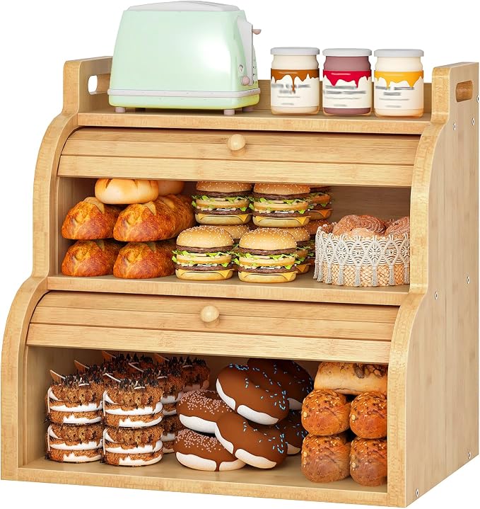HOOBRO Bread Box, Bamboo Bread Box for Kitchen Countertop, 2-Tier Roll-Top Bread Bin, Food Storage Box, Bamboo Storage Cabinet with Handles, for Kitchen, Dining Room, Natural YL15MB01