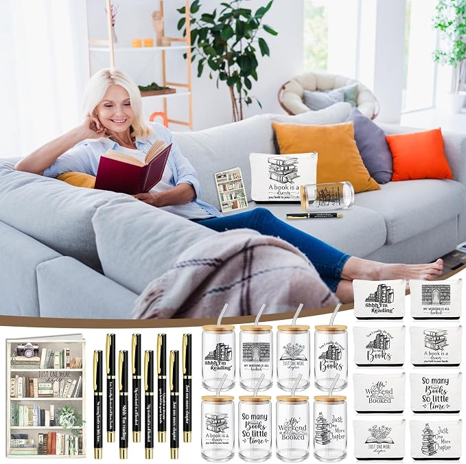 32 Pcs Books Club Gifts Book Lovers Gifts for Women Blind Date with a Read Include 16 oz Glass Cup Canvas Makeup Bag Ballpoint Pen Card for Librarian Reader Bookish Teacher