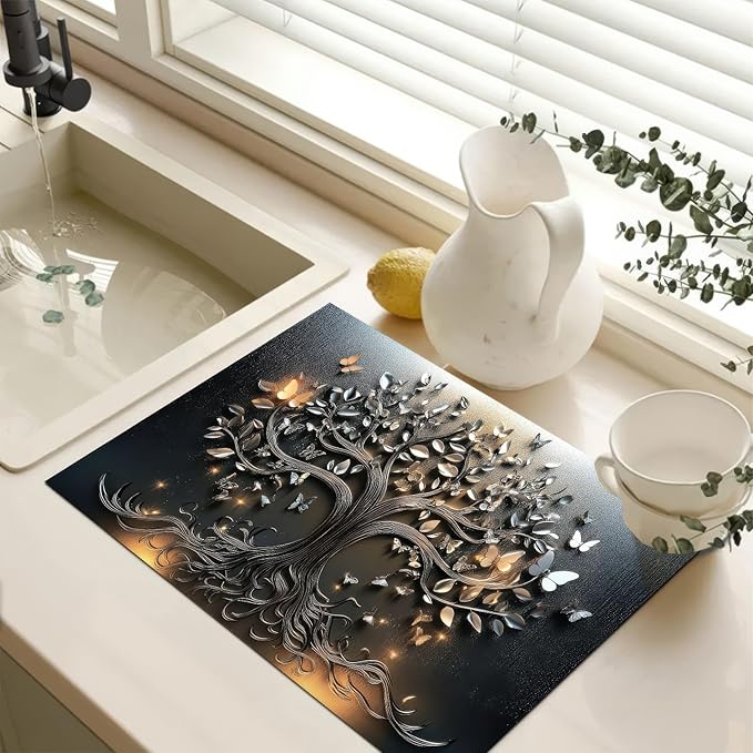 HOMETITUTE Stove Top Cover 28x20 Inch Diatomite Butterfly Tree Relief Kitchen Decor Glass Cooktop Protector Dish Drying Mat Coffee Mat Electric Stove Cover Mat Heat Resistant Pad