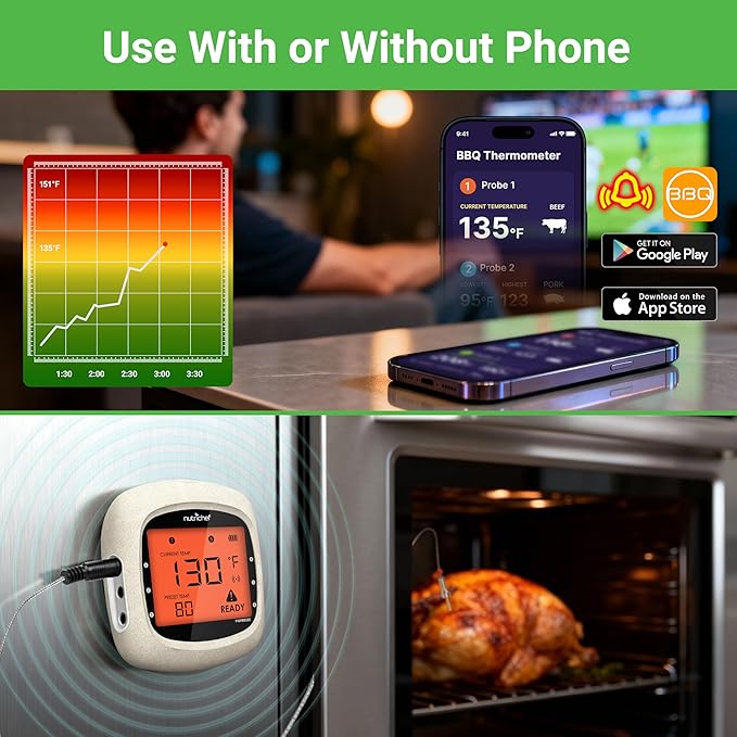 Nutrichef Bluetooth Meat Thermometer for Grilling and Smoking with 4 Wireless Meat Probes, 4 Channels with LCD Display