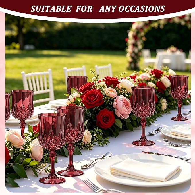 7OZ Plastic Wine Glasses, Reusable Vintage Goblets Unbreakable Drinking Glasses Crystal Water Cups Champagne for Wedding, Parties (48, Burgundy)