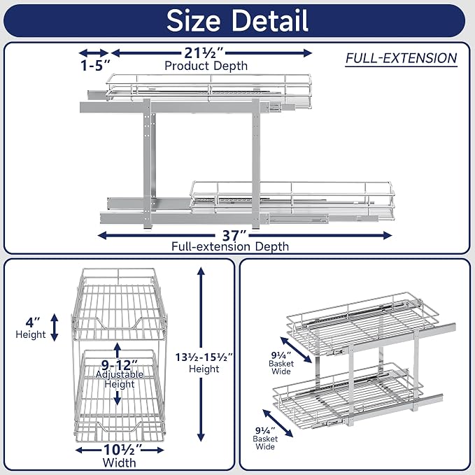 2-Tier Pull Out Cabinet Organizer, 10.5" W x 21.5" D, Heavy Duty Dual Slide Out Shelves for Narrow Base Cabinets, Chrome Wire Basket Drawer for Spices, Bottles & Snacks