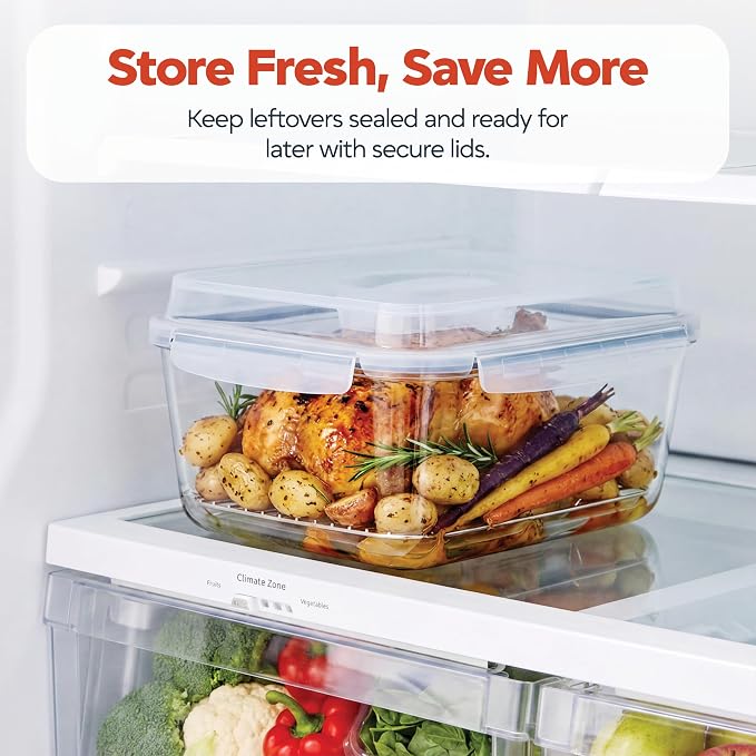 Pexo 6600 ML / 230 oz / 28 Cup Extra Large Glass Food Storage Container with Stainless Steel Rack for Broiling, with Airtight Locking Lid, Clear Jumbo Size, Ideal Storing food, Vegetables, Fruits. Baking Casserole, Lasagna, Roasting Turkey, Chicken BPA...
