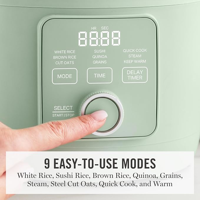 Martha Stewart Rice Cooker, 4 Cup (Uncooked) / 8 Cup (Cooked), Ceramic Non-Stick Removable Pot, Keep Warm, Measure Markings, Steam Basket, Brown & Sushi Rice, Quick Cook, Quinoa, Grains, Oats, Honeydew Green