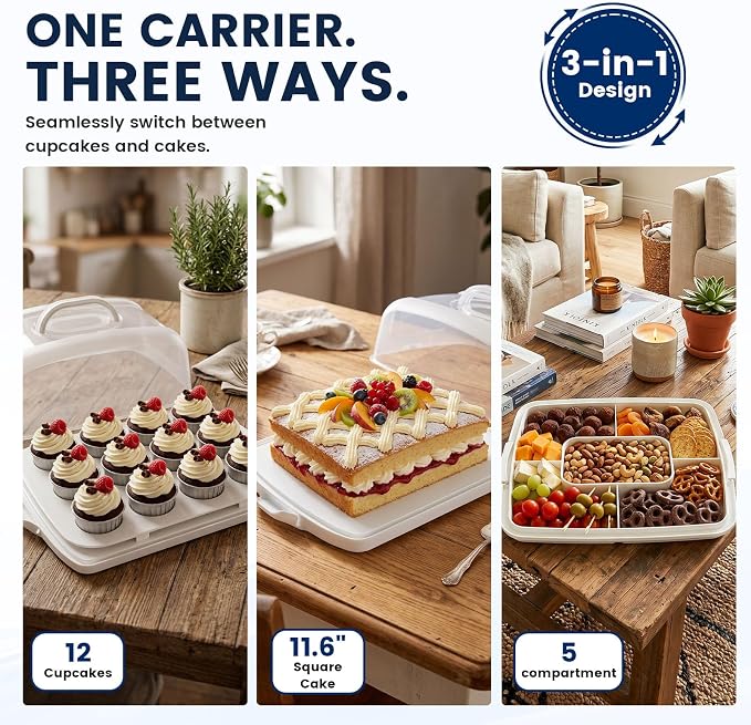 VGOODALL Cake Carrier, 12 Capacity Large Cupcake Holder, 3-in-1 Rectangular Cake Containers for Pies Muffin Candies Fruits Snacks, Dessert Storage Box for Parties, Picnics, Baking(14.8×10.9×3.1)