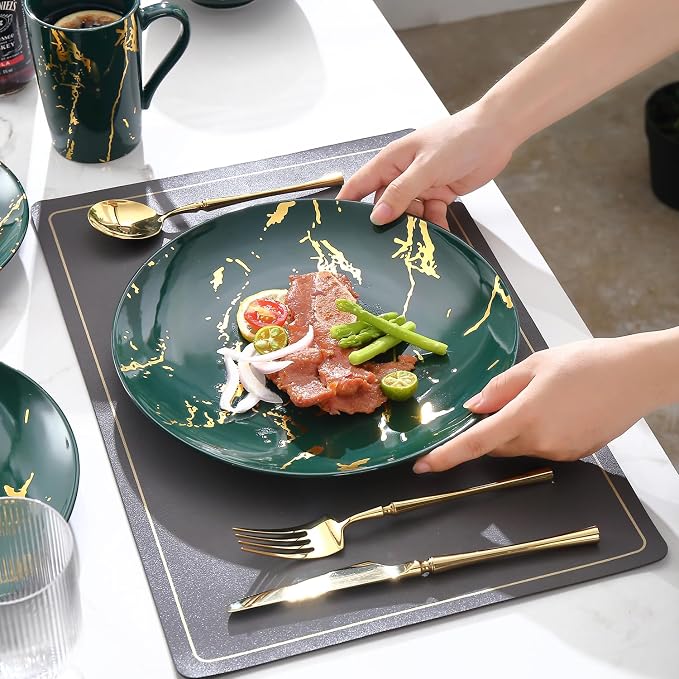 Microwave Safe Porcelain Green and Gold Dinnerware Set for 4 – 16 Piece Stackable Plates and Bowls Sets with Gold Accents
