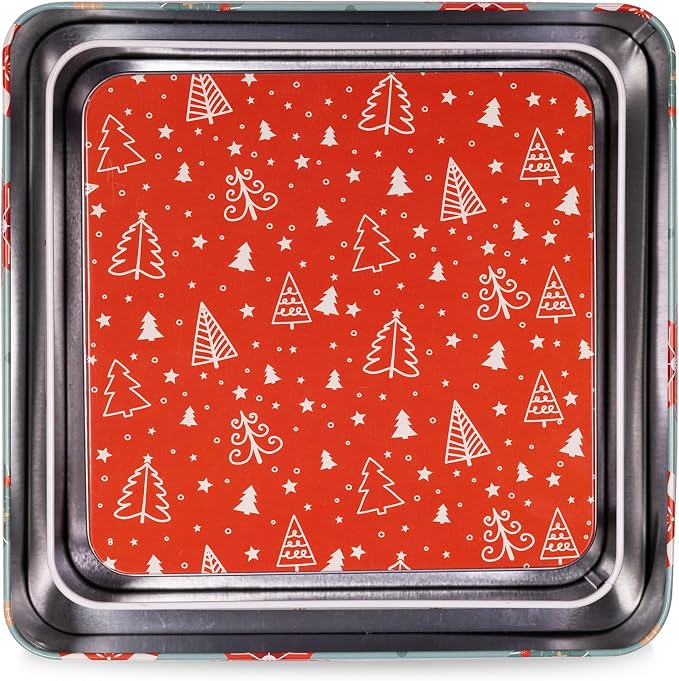 Steel Mill & Co Tin Containers with Lids, 3 Pack Christmas Cookie Tins, Festive Cookie Tins for Gift Giving & Holiday Treats, Square Metal Nesting Containers, Ornaments and Trees