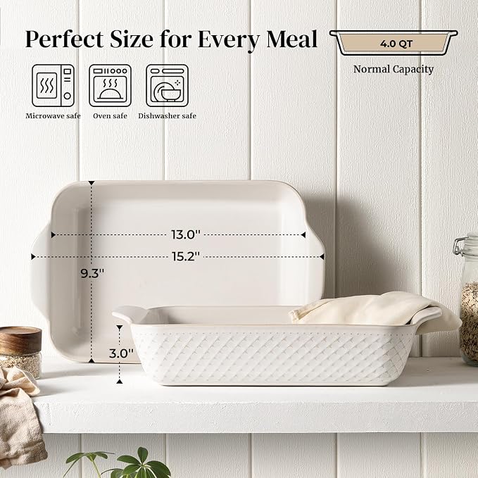 DOWAN 9x13 Deep Lasagna Baking Dish, Ceramic Casserole Dish for Oven, 4 Quarts Embossed Baking Pan with Handles, Oven Safe Bakeware for Roasting, Desserts, Durable & Giftable, Arctic White