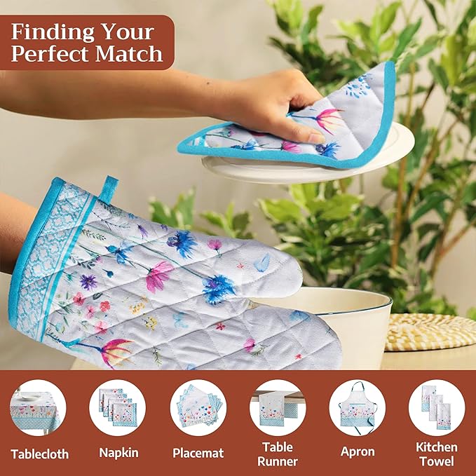 Maison d' Hermine Pot Holders 100% Cotton Heat Resistant Potholders 8" x 8" Hot Pads with Loop BBQ Baking Gifts for Mothers Day Handling Hot Pans Spring/Summer (Pack of 1, Flower in The Field)