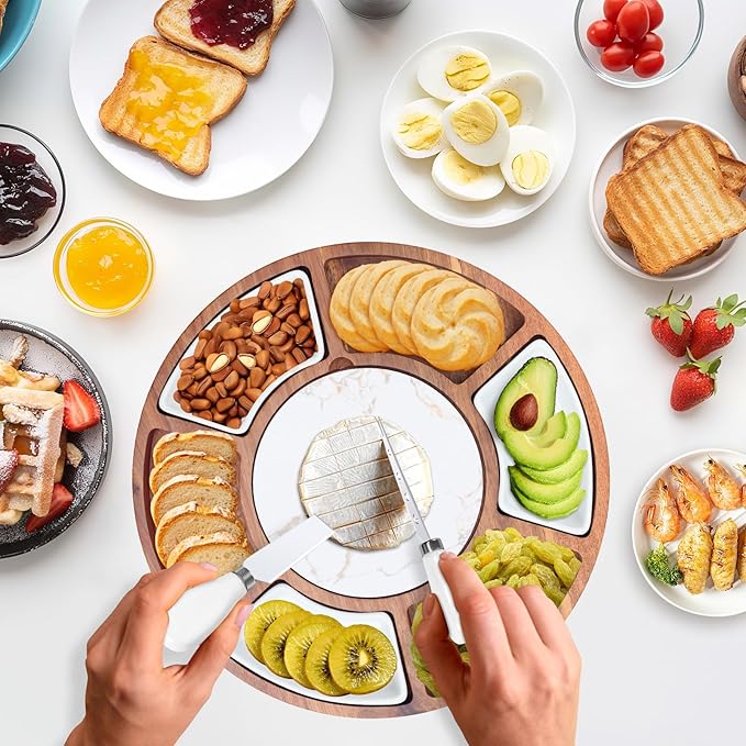 360° Rotating Lazy Susan Cheese & Charcuterie Board Set - 13.5" Acacia with Built-in Slate Chiller, 3 Ceramic Bowls & 2 Cheese Knives - Housewarming, Birthday & Wedding Gift