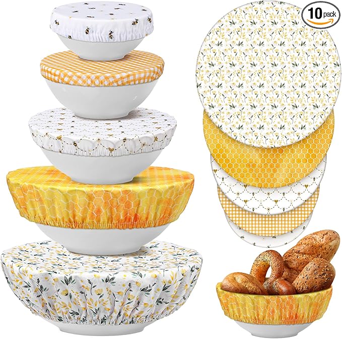 Patelai 10 Pcs Bowl Covers Reusable in 5 Size Stretch Cloth Fabric Elastic Food Storage Bowl Covers Bread Sourdough Lids for Proofing Food Fruits Leftover (Yellow, White,Bee Style)