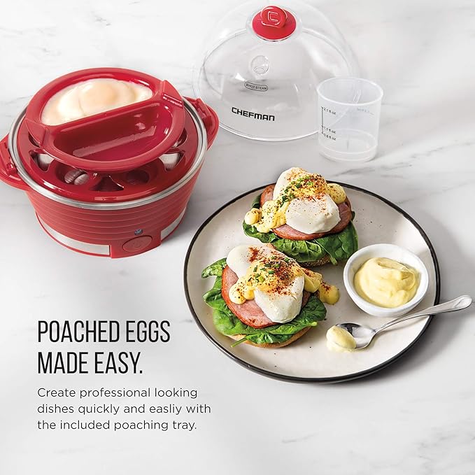 Chefman Electric Egg Cooker Boiler, Rapid Poacher, Food & Vegetable Steamer, Quickly Makes Up To 6, Hard, Medium or Soft Boiled, Poaching/Omelet Tray Included, Ready Signal, BPA-Free, Black