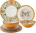 UP 12 Piece Tuscany Melamine Dinnerware Sets, Outdoor Dishes Set, Plates and Bowls Sets, Service for 4, Multicolor