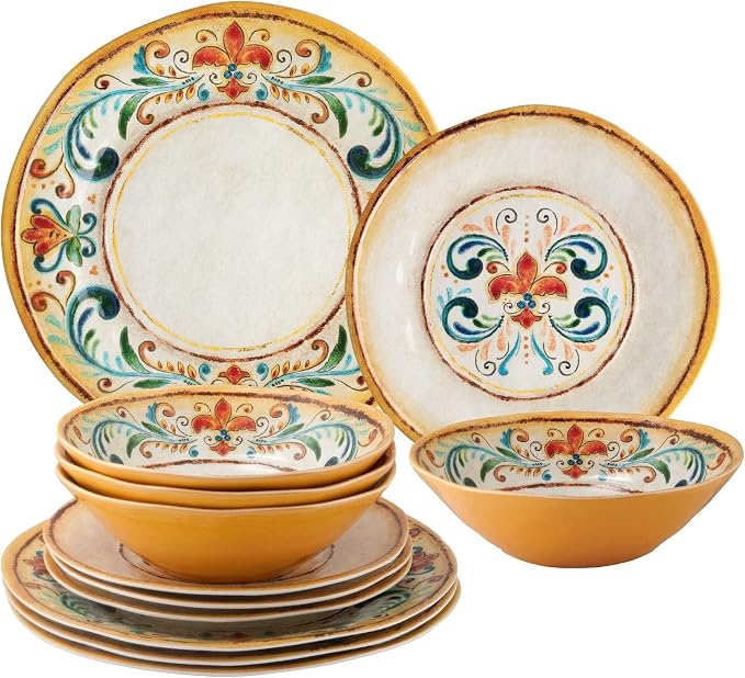 UP 12 Piece Tuscany Melamine Dinnerware Sets, Outdoor Dishes Set, Plates and Bowls Sets, Service for 4, Multicolor