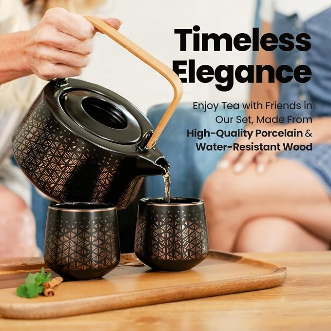 Viante Luxury Tea Set, Electric Kettle With Infuser, Gift for Tea Lovers | Borosilicate glass body plus ceramic teapot, 4 ceramic cups & bamboo tray. No plastic ever touches your water