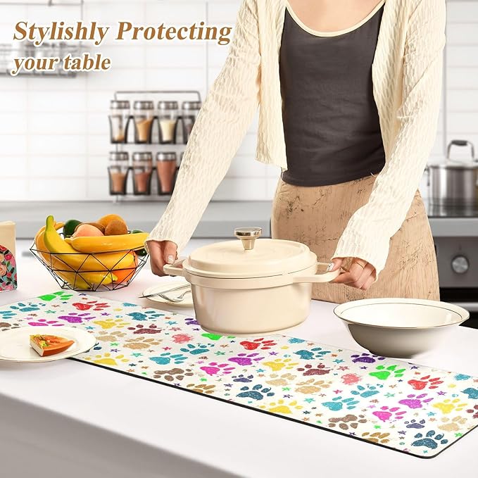 2 in 1 Table Runner Trivet for Hot Pots and Pans Heat Resistant Non Slip Waterproof 39 x 12 Inch Decorative Table Protector for Kitchen Countertop Colorful Paw Prints and Stars