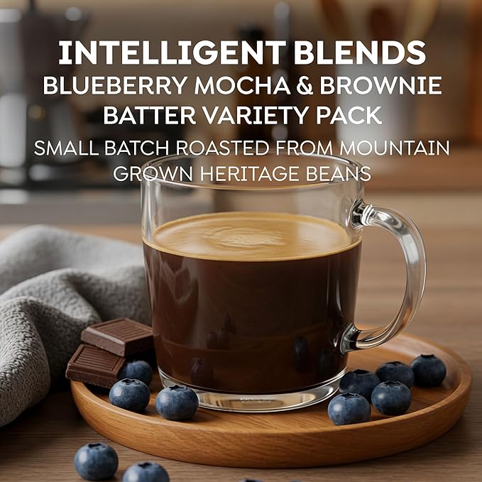 Intelligent Blends Blueberry Mocha & Brownie Batter Flavored Coffee Pods Variety Pack, 32 ct, Medium Roast Single Serve Pods – 100% Arabica Coffee, Compatible with Keurig K Cups Maker