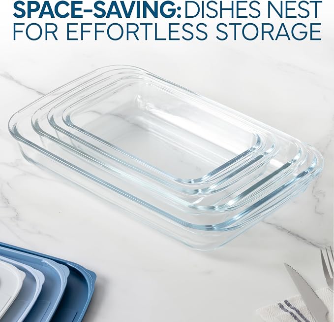 COOK WITH COLOR 8-Piece Deep Glass Baking Dish Set with Plastic Lids – Casserole and Food Storage Containers for Lasagna, Leftovers – Freezer-to-Oven, Microwave & Dishwasher Safe, Blue