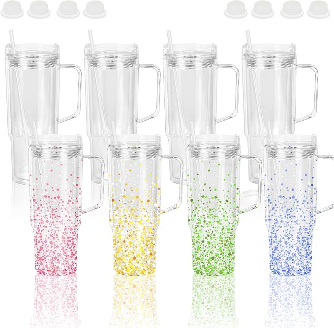 CHLJAR 40 Oz Plastic snow globe tumbler with Handle, 8 Pack Pre-Drilled Double Wall Acrylic Clear For Glitter Snow Globe Diy, Double Wall For Glitter Snow Globe, Snowglobe Tumbler Supplies