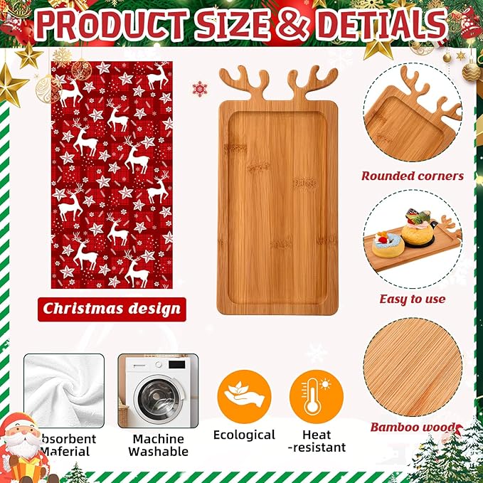 LemonRoad 12 Set Christmas Cutting Board Gift Christmas Reindeer Cutting Board with Knives Forks Kitchen Towels Merry Gift Tags Charcuterie Boards Bamboo Serving Tray for Xmas Birthday Party Favors