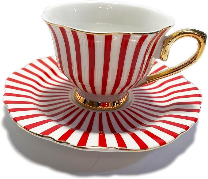 Mazeology Espresso Cups Movie Star Bone China Fluted Red & White Stripe 2 Sets Cups and Saucers with Gold Accents