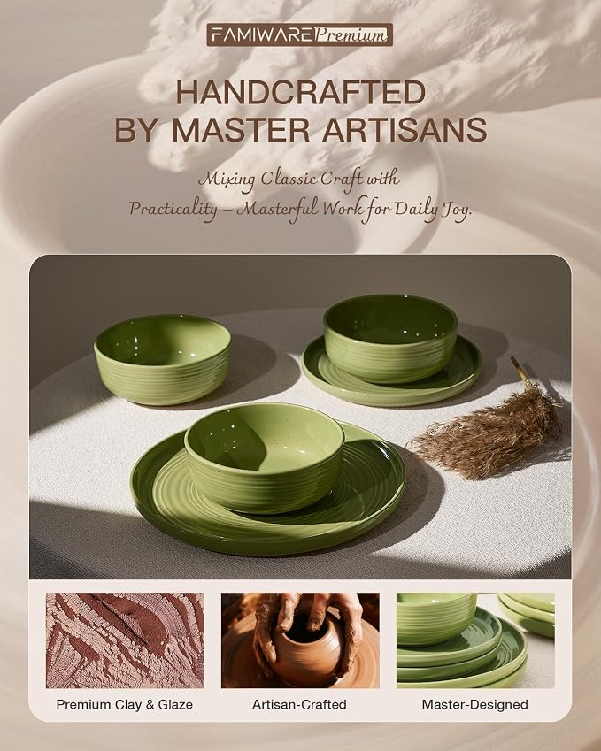12-Piece Stoneware Dinnerware Sets, Service for 4 - Farmhouse Coupe Plates and Bowls with Speckles & Spirals - Chip & Scratch Resistant, Microwave & Dishwasher Safe, Olive Green