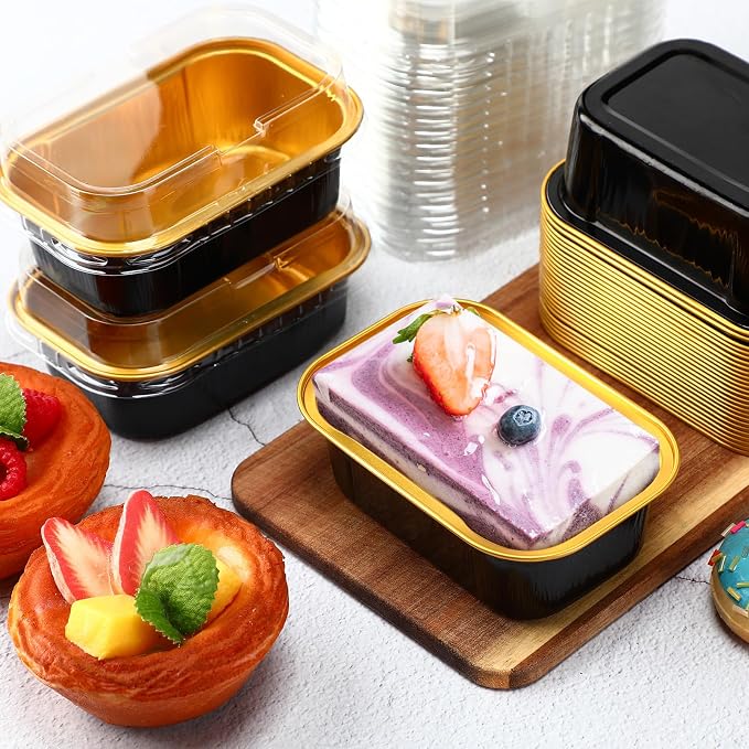 Vesici 100 Sets Mini Loaf Pans with Lids, 5.7 oz Disposable Aluminum Foil Baking Cups, Rectangle Cake Pans for Pudding Desserts Muffin Baking Storage Birthday Party(Black Gold)