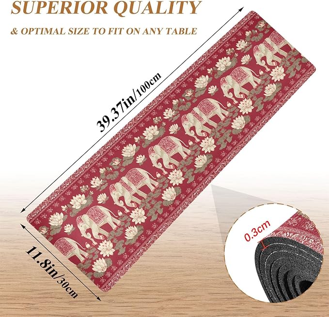 Red Retro Elephants Lotus Trivet Table Runner Heat Resistant 230F for Hot Dishes Pots Plates Kitchen Dining Table Protector Decorative 39.37x 11.8