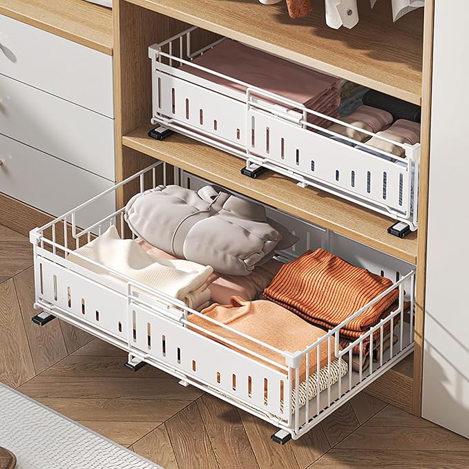 Expandable Pull Out Cabinet Organiser, No Drill Adhesive Slide Out Kitchen Drawer Shelf Durable Metal for Under Sink, Cupboard, Pantry, Adjustable Width (12.8"-19.7") (Style A Black, 2 Pack)