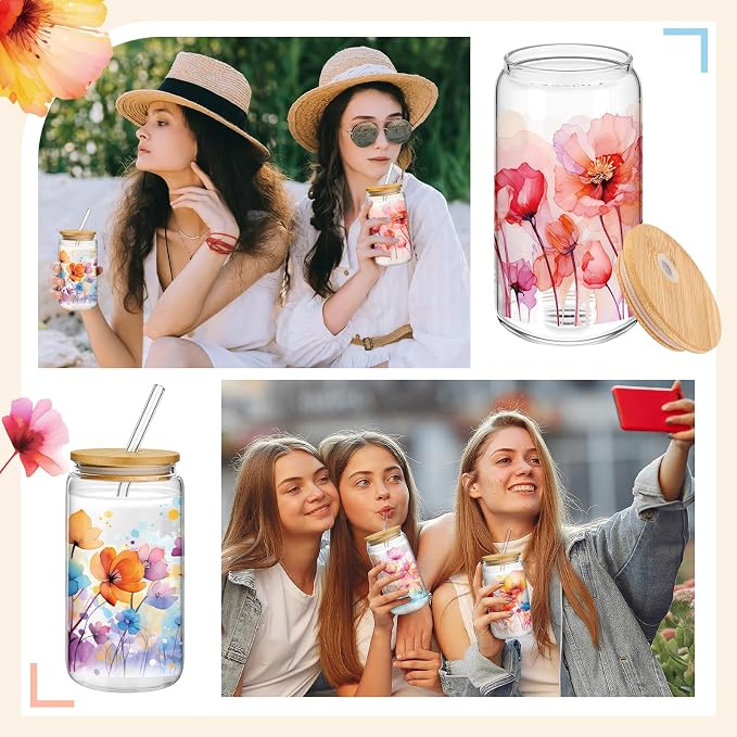 Mumufy 4 Pack Wildflower Glass Cups Gift Aesthetic Cute Glass Cup Tumbler Flower Iced Coffee Mugs 16 oz with Bamboo Lid & Straw, for Wedding Birthday Bridesmaid Mom Baby Shower
