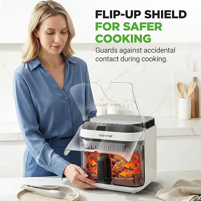 NutriChef 5.8 Quart Air Fryer | Glass Airfryer with 8-in-1 Digital Presets | Stainless Steel Fryer Design | Glass Fry Bowl with Flip-Up Safety Shield | Compact Air-Fryer for Even Cooking | White