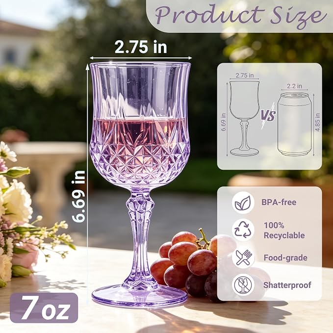 Plastic Wine Glasses, Plastic Goblets Vintage Style Cordial Unbreakable Drinking Glasses, Reusable Drinkware for Wedding Reception, Grand Event Party Supplies (24, Purple)