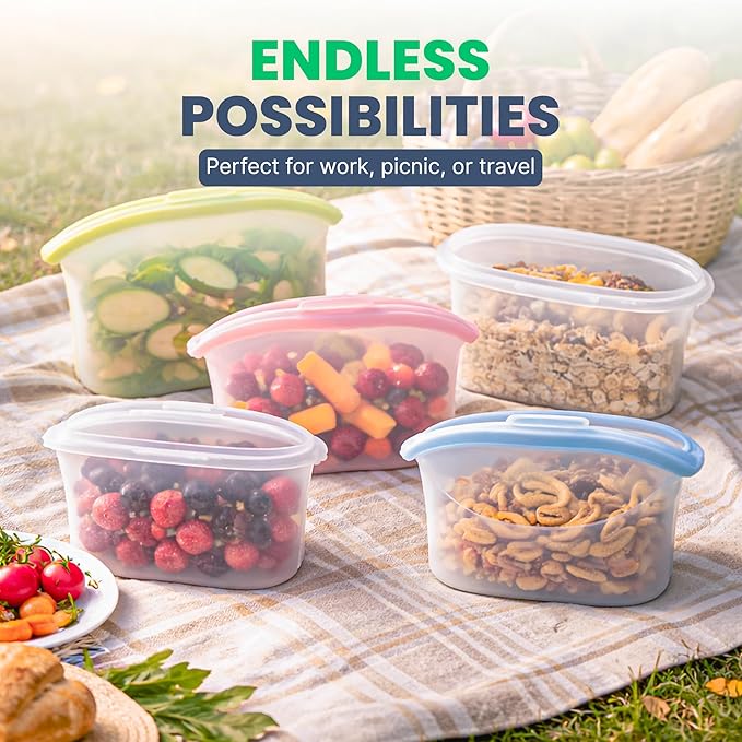 Luviora Extra Thick Reusable Silicone Food Storage Bags, 5 Pack – 4 Cup (1L) Stand Up Leakproof Ziplock, BPA-Free, Dishwasher Safe, Premium Silicone Bags for Meal Prep, Sous Vide & Freezer