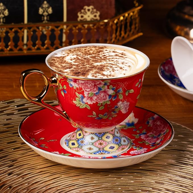 KAMMAK Tea Cups and Saucers Set of 2, Porcelain Coffee Cups, 9.8oz Stackable Espresso Mugs, Ceramic Demitasse for Coffee, Latte, Americano, Tea (635N+636N)