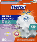Hefty Ultra Strong 20 Gallon Trash Bags, XL Tall Kitchen Trash Bags 20 Gallon Size, Drawstring Closure, Continuous Odor Control, White, Lavender and Sweet Vanilla Scent, 80 Bags