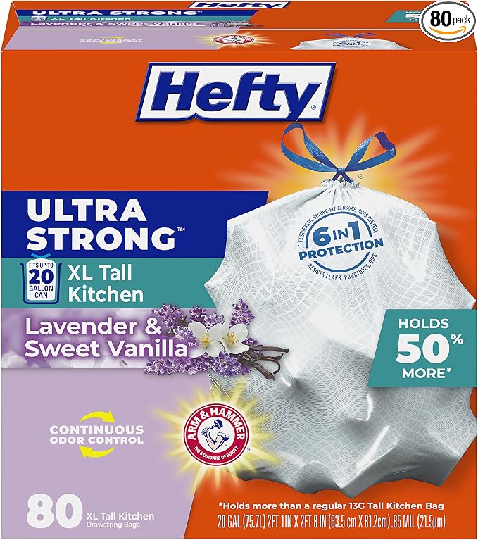 Hefty Ultra Strong 20 Gallon Trash Bags, XL Tall Kitchen Trash Bags 20 Gallon Size, Drawstring Closure, Continuous Odor Control, White, Lavender and Sweet Vanilla Scent, 80 Bags