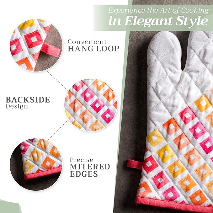 Maison d'Hermine Oven Gloves 100% Cotton Oven Mitt 7" x 13" with Loop Heat Resistant BBQ Cooking Gloves Baking Grilling Gifts for Mothers Day Spring/Summer (Pack of 1, Summer Maze)
