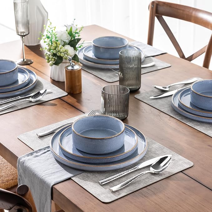 GBHOME Ceramic Dinnerware Sets for 4, 12 Pieces Stoneware Plates and Bowls Sets, Reactive Glaze Dishes -Scratch Resistant, Dishwasher&Microwave Safe-Brunnera Blue