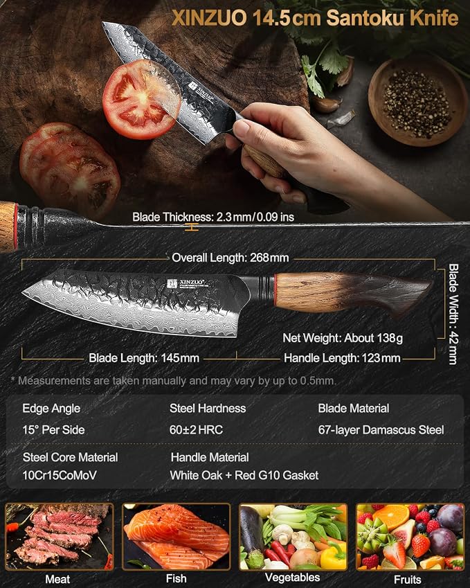 XINZUO 5.7 Inch Damascus Small Santoku Knife,67-Layer Damascus Steel Razor Sharp Blade,Multi-Purpose Kitchen Knife For Meat,Vegetables & All Tasks With White Oak + Red G10 Gasket Handle