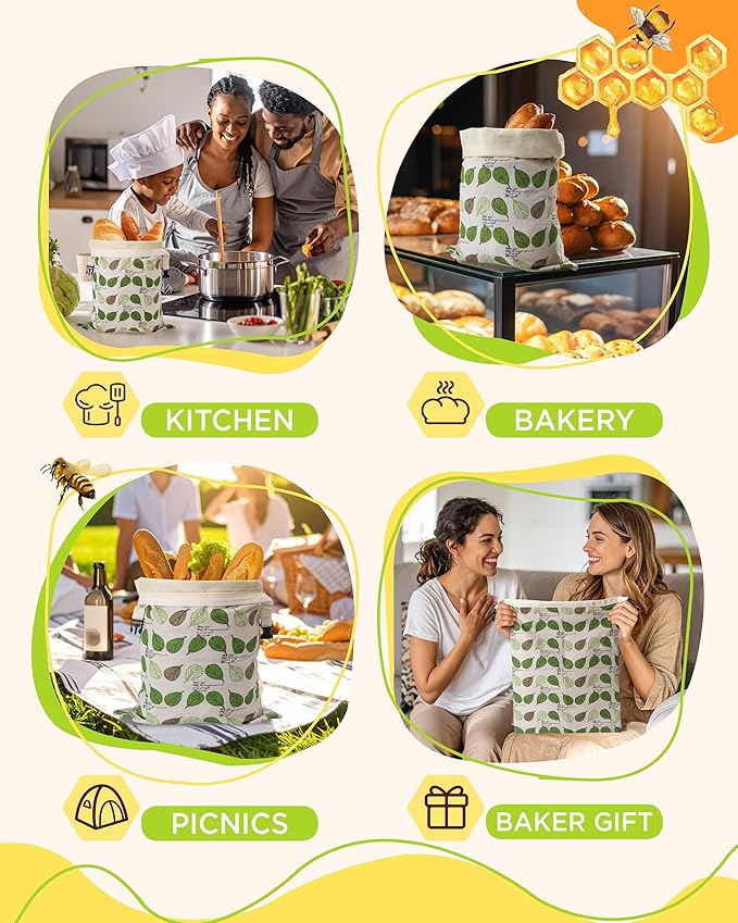 Beeswax Bread Bag for Homemade Sourdough, Sourdough Bread Bags with Zipper, 2 Pack Cotton Large Airtight Food Storage Bags to Keep Fresh