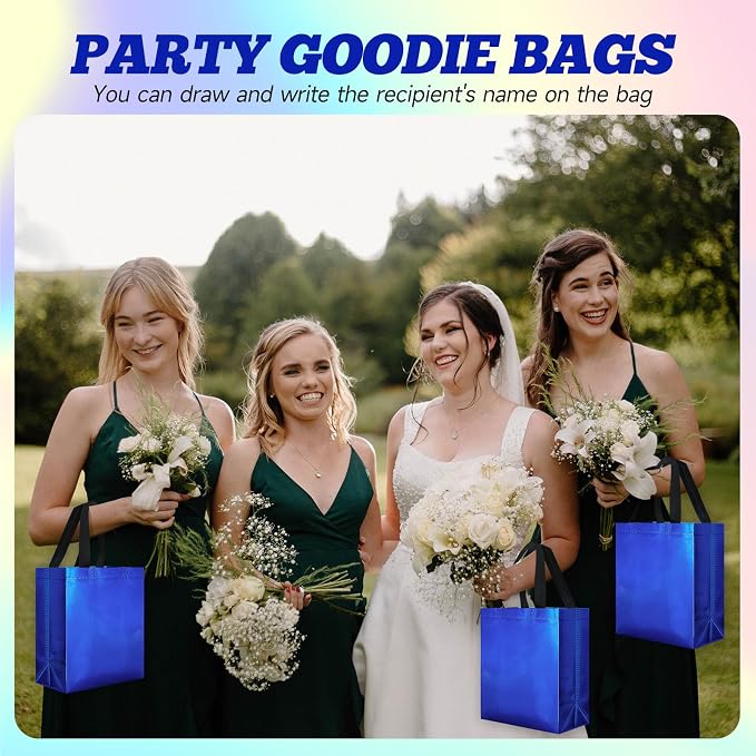 Eccliy Reusable Gift Bags Set Glossy Grocery Gift Tote Bag with Handle for Wedding, Bridal Shower, 4th of July, Summer Event(10 x 8 x 4.7 Inch,Blue,80 Pcs)
