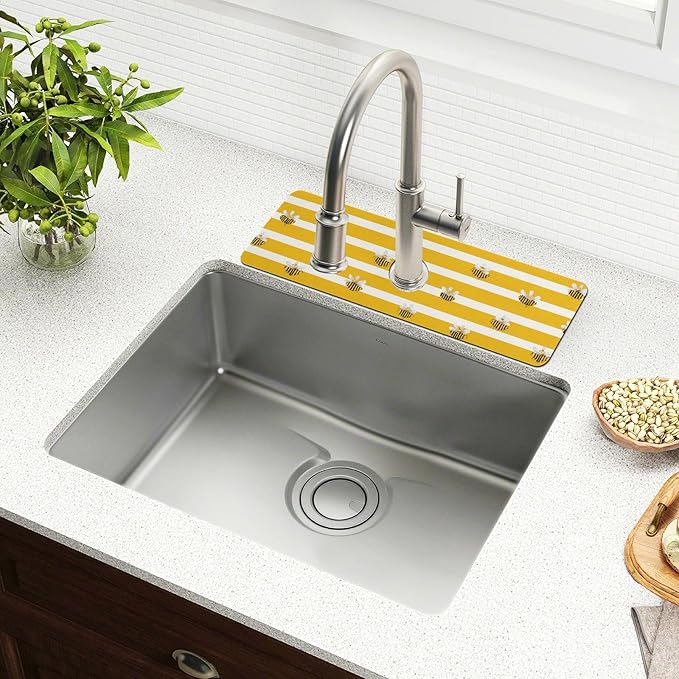 Kitchen Sink Splash Guard 2 PCS 30 Inch Sink Faucet Mat Splash Guard for Bathroom Countertop Water Absorbent Foldable Cuttable Soft Washable Yellow and White Striped Bees01