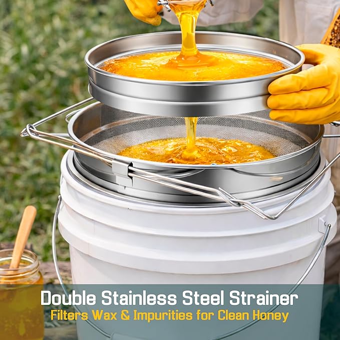 SunVara Honey Bucket with Gate 5 Gallon Kit - Stainless Steel Double Layer Strainer, Honey Scrapper Tool Beekeeping Equipment, Honey Extractor Equipment, Bee Supplies