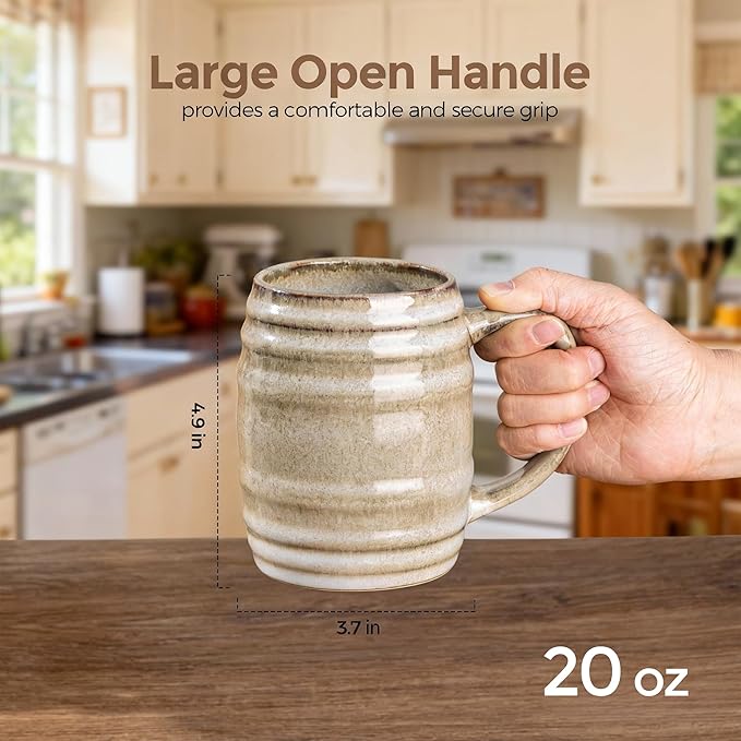 GBhome 20oz Large Coffee Mugs Set of 4, Handmade Ceramic Coffee Mugs Set for Latte/Tea/Beer/Hot Cocoa, Dishwasher & Microwave Safe- Oatmeal