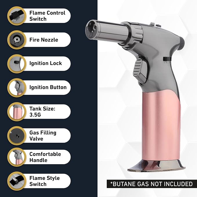 Dual Flame Butane Torch Gun - Refillable Luxury Hand Held Mini Blow Torch for Cooking, Creme Brulee, Soldering, Welding, & Resin Art - Adjustable Flame with Ignition Lock - Steel Blush by inZaynity®