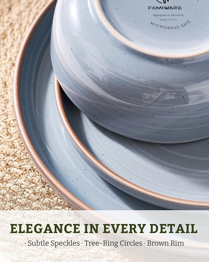 Famiware Meteor Plates and Bowls Sets for 4, 12 Pieces Dinnerware Sets, Microwave and Dishwasher Safe Dishes Set, Blue Gray