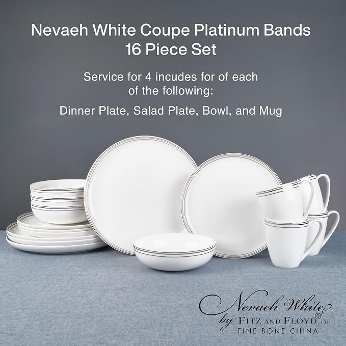 Everyday White by Fitz and Floyd Nevaeh Bone China Coupe Gold Bands Dinnerware Set, Service for 4